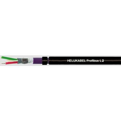 Čierne priemyselné kábel značky 'HELUKABEL Profibus L2' s farebne označenými vnútornými vodičmi v zelenkavej, červenej a bielej farbe.