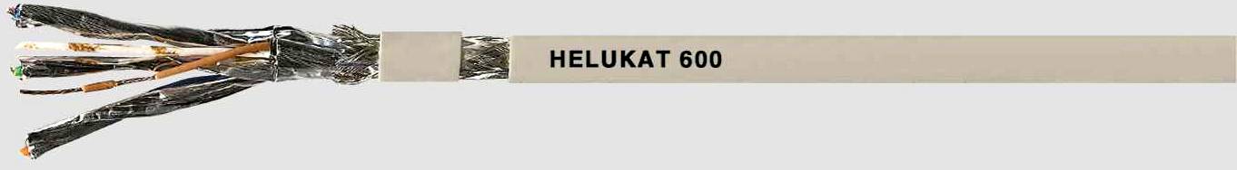 Kábel s názvom 'HELUkat 600', na ktorom sú vnútorné farebne kódované vodiče viditeľné na ľavej strane.