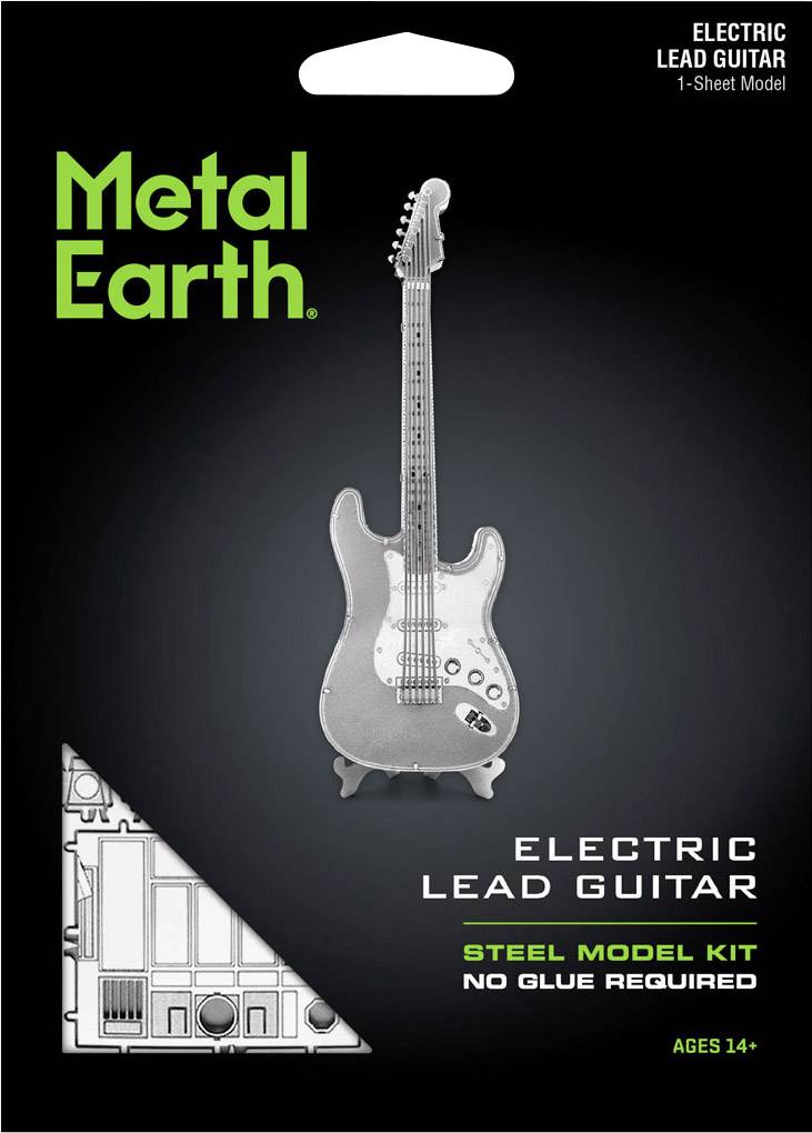 Kovový model elektrickej gitary 'Metal Earth', kovová stavebnica bez potreby lepidla, vhodná pre osoby staršie ako 14 rokov.