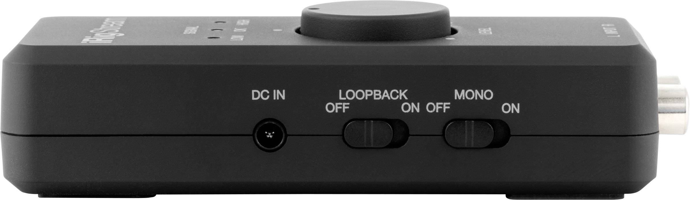 Čierne audio rozhranie s regulátormi a vstupmi/výstupmi vrátane 'Loopback' a 'Mono'.