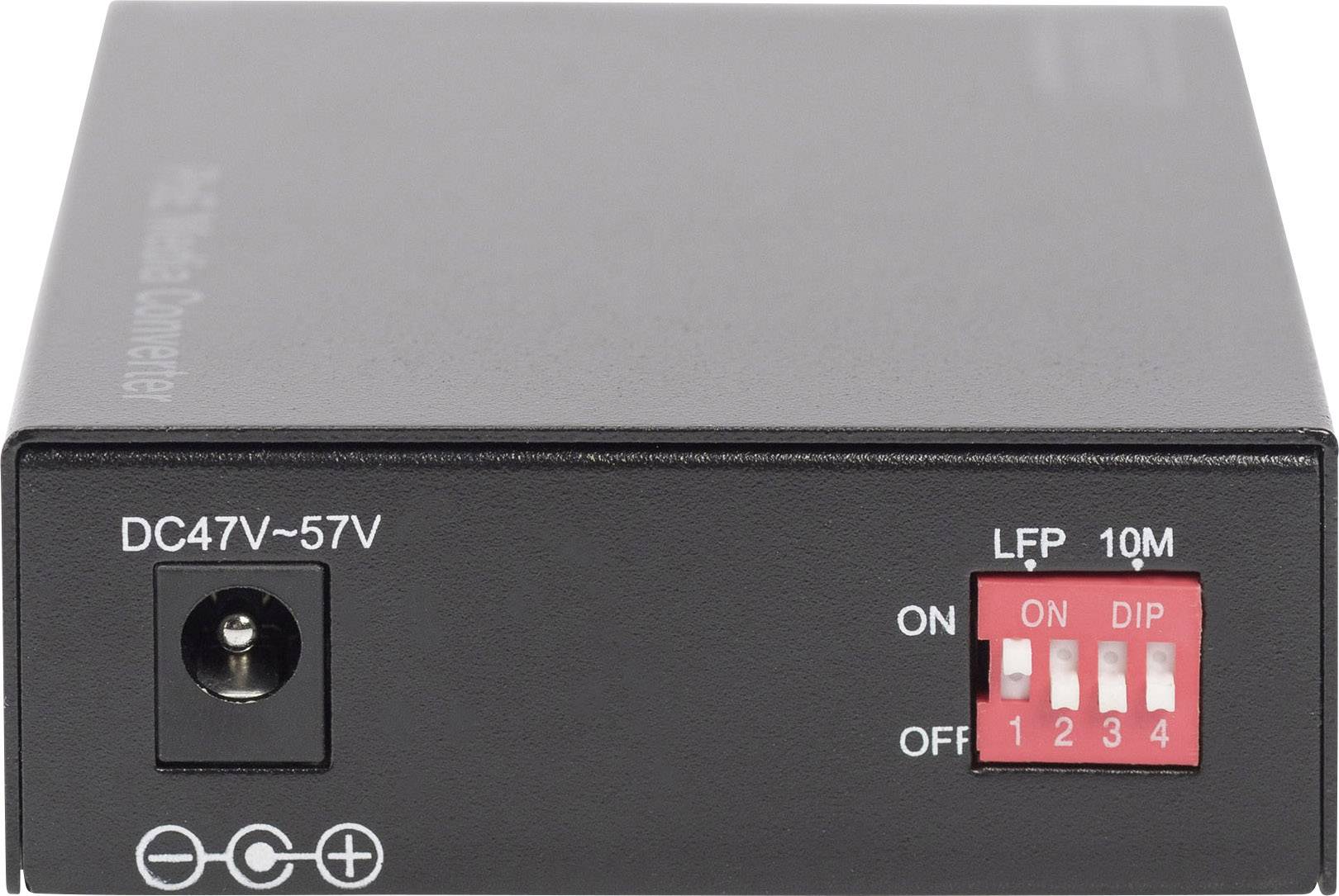 Čierne zariadenie s napájacím prívodom, 4 červenými DIP prepínačmi pre nastavenia. Nápis: 'DC47V-57V', 'LFP', '10M', prepínač 'ZAP/VYP'.