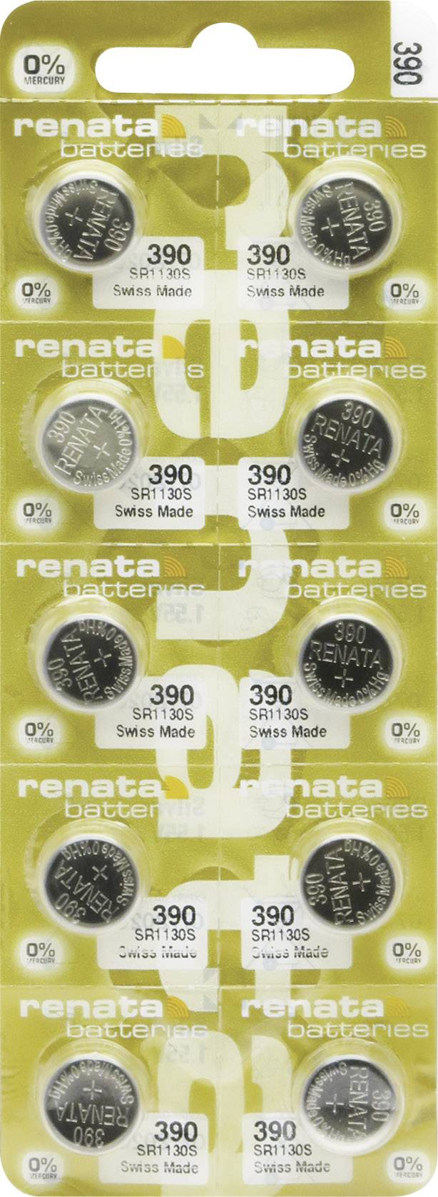 Balenie s desiatimi gombíkovými batériami značky Renata, model 390, vyrobené vo Švajčiarsku, zobrazené na žltom pozadí.