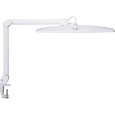 Biela nastaviteľná kĺbová lampa so svorkovým upevnením, ideálna pre presvetlenie pracovných priestorov.
