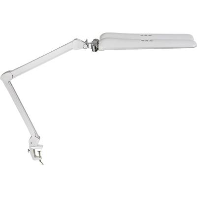 Biela stolová lampa s dlhým, nastaviteľným ramenom, upevnená na okraji stola. Ideálna pre cielené osvetlenie pracovného priestoru.