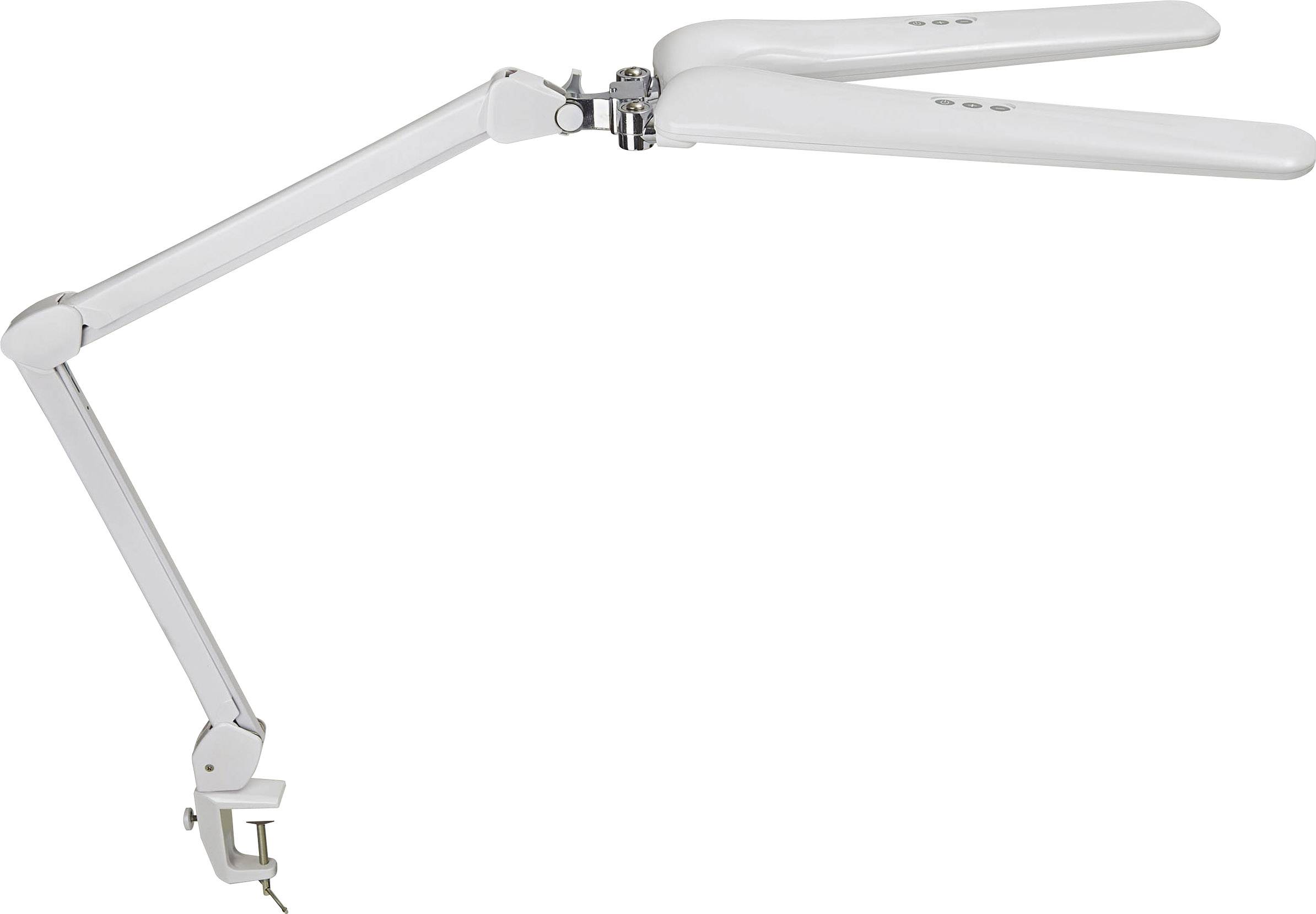 Biela, nastaviteľná stolová lampa s kĺbovým ramenom a svorkou na upevnenie na hranu stola, vhodná pre presné osvetlenie.