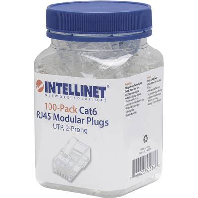 Plastová dóza so 100 kusmi RJ45 modulárnych konektorov, Cat6, od spoločnosti Intellinet pre sieťové riešenia, na bielom pozadí.