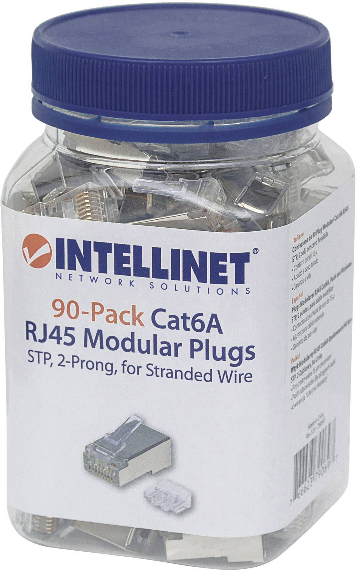 Intellinet Intellinet 90-packová modulárna zástrčka Cat6A RJ45 STP 2-bodový drôtový kontakt pre lanko 90 zástrčka v šálke 790697 krimpovacie kontakt Počet pólov 8P8C strieborná 90 ks