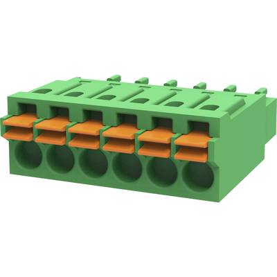 Zelený konektor so štyrmi pripojovacími miestami a oranžovými pákami na uvoľnenie káblov. Vhodný pre elektronické zariadenia.