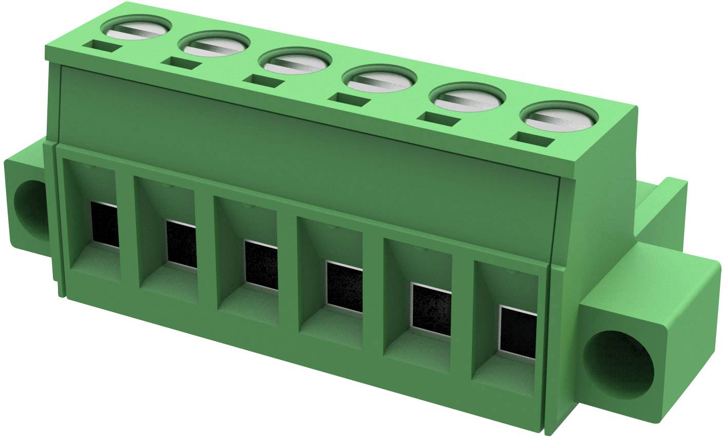Zelený konektor so šiestimi vývodmi, prevažne používaný v elektrických obvodoch na spájanie drôtov.