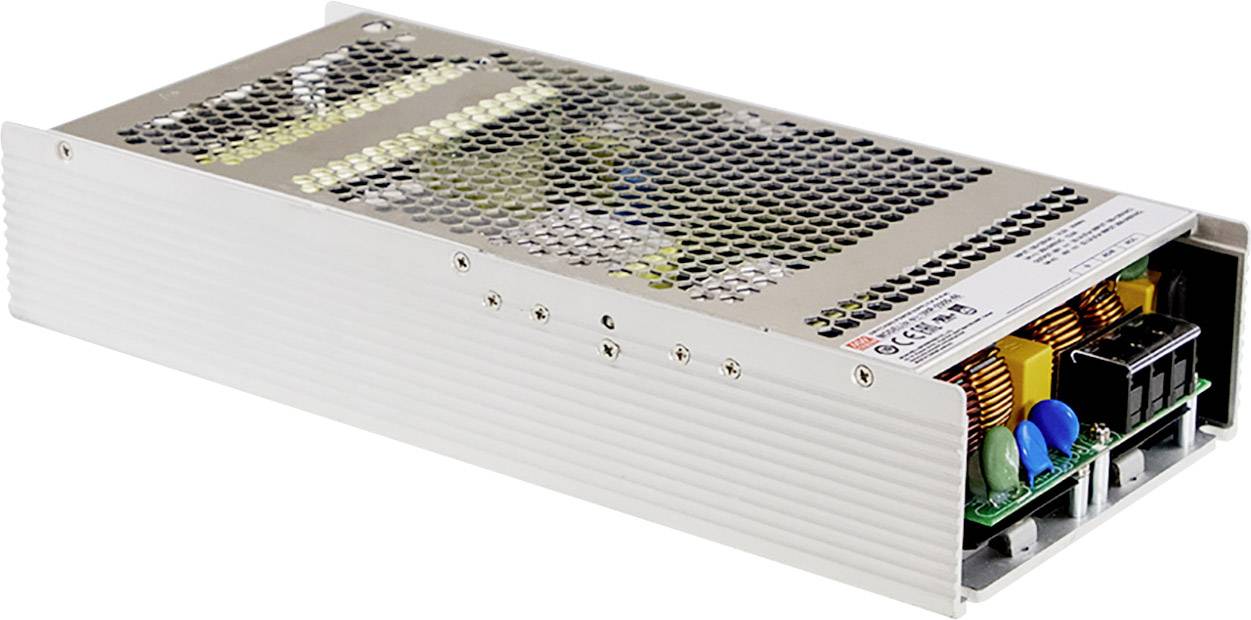 Napájací zdroj v obdĺžnikovej kovovej schránke s vetracími štrbinami a viditelnými elektronickými komponentmi na prednej strane.