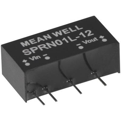 Čierna elektronická súčiastka s nápisom 'MEAN WELL SPRN01L-12'. Tri kovové nohy na spodnej strane, označené '+Vin', '-Vin', 'Vout'.
