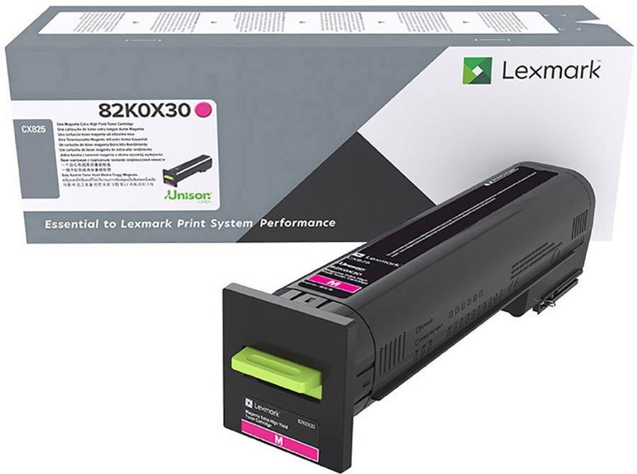 Čierne a purpurové tlačiarenské kazety značky Lexmark pred balením, modelové číslo '82K0X30', určené pre tlačiarenské systémy.