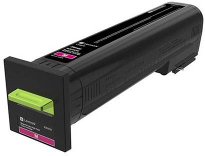 Purpurový toner pre tlačiarne Lexmark, zobrazený ako podlhovastý čierny kontajner so svetlozelenou rukoväťou a štítkom 'Magenta'.