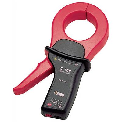 Červené kliešťové ampérmeter, model 'C 100', na meranie elektrického prúdu. Zobrazuje stupnice pre prúdy až do 1000 A.