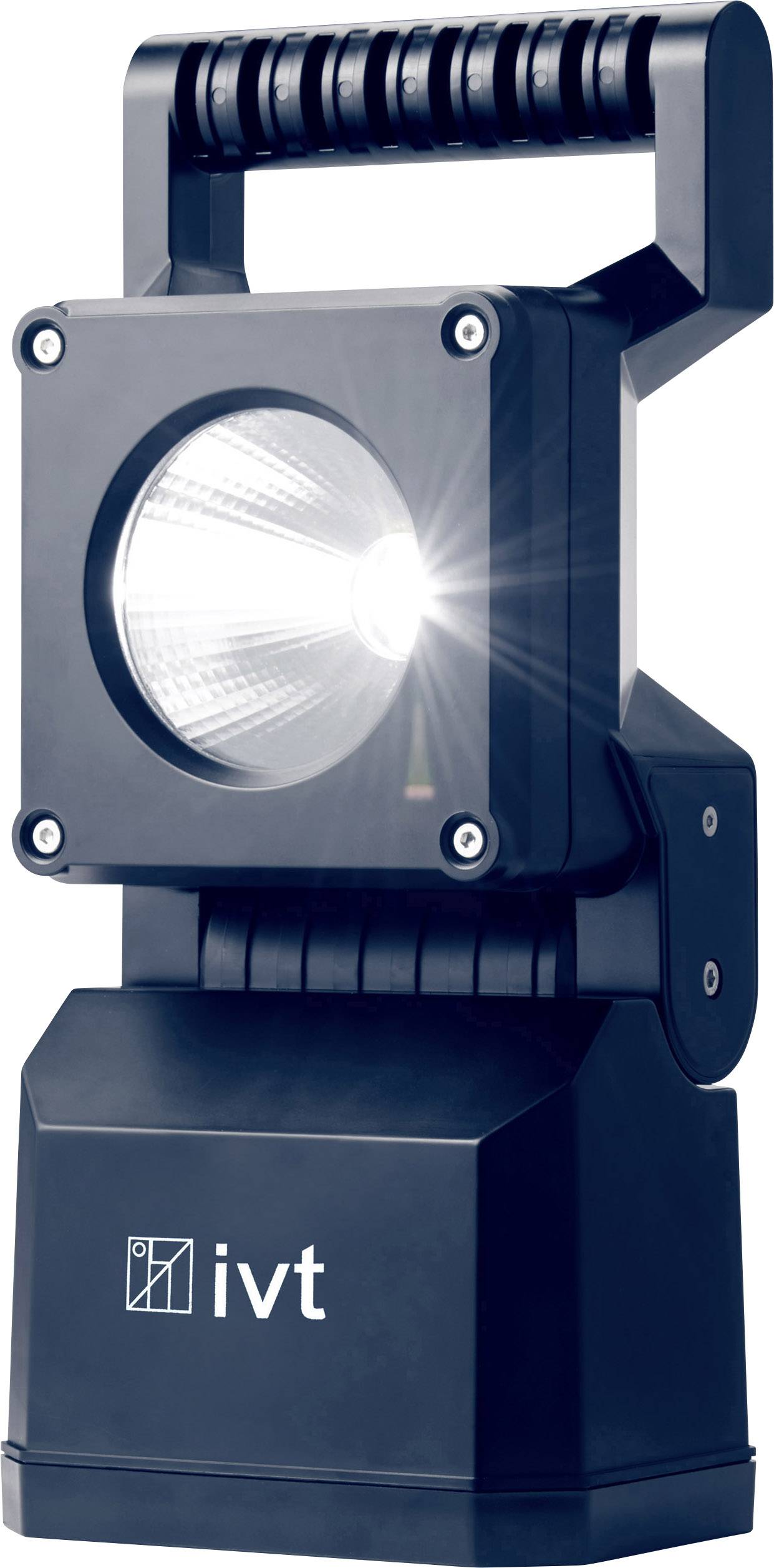 Prenosná LED lampa s rukoväťou a svietiacim svetlometom. Kryt je čierny a logo 'ivt' je viditeľné na prednej strane.