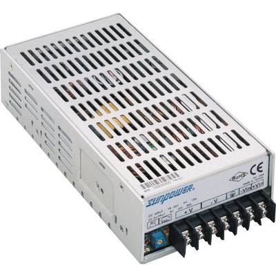 Priemyselný napájací zdroj s vetracími otvormi. Kryt je obdĺžnikový a striebornej farby. Text na štítku: 'AC 110/230V, DC 12V, 30A'.