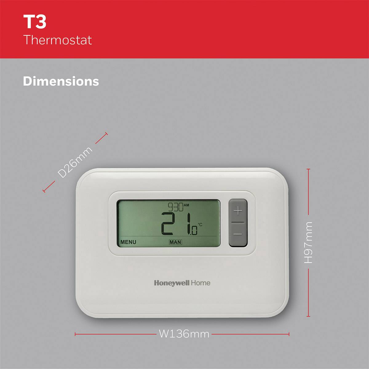 Obdĺžnikový termostat od Honeywell Home zobrazuje 21,0 °C na digitálnom displeji. Rozmery: Š136 mm, V97 mm, H26 mm.