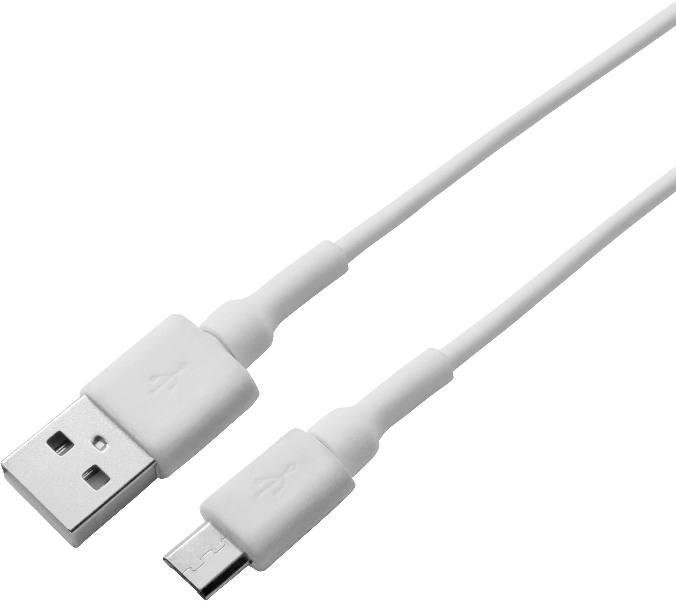 Biely USB na Micro USB kábel, ktorý sa používa na nabíjanie zariadení a prenos dát.