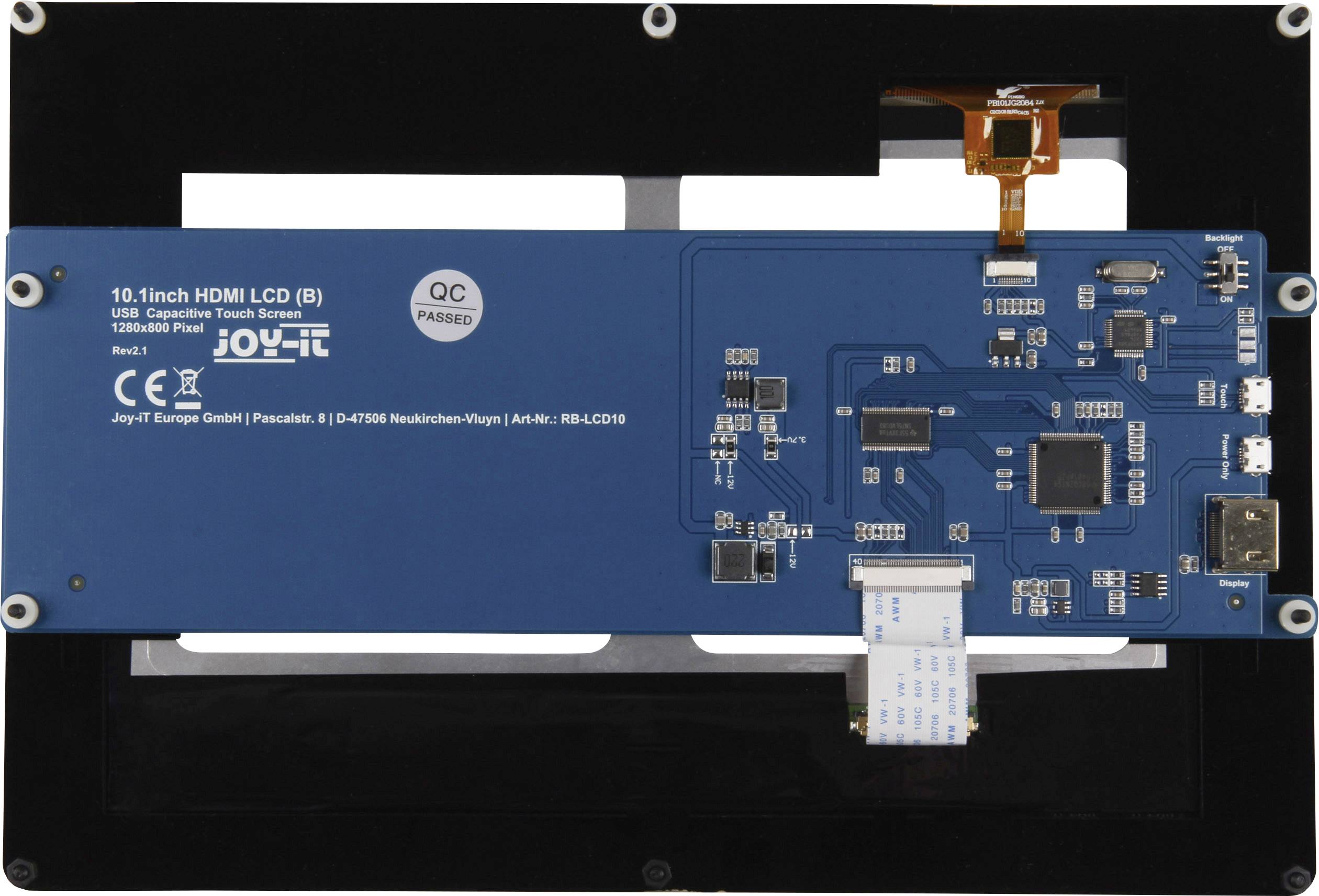 Zadná strana 10,1-palcového HDMI LCD displeja s viacerými elektronickými komponentmi a konektormi.
