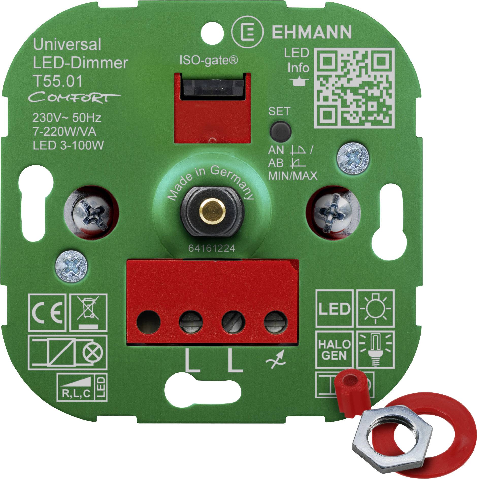 Univerzálny LED stmievač T55.01 od EHMANN, zelená základňa, 230V-50Hz, pre 7-220W/VA LED, 3-100W, Vyrobené v Nemecku.
