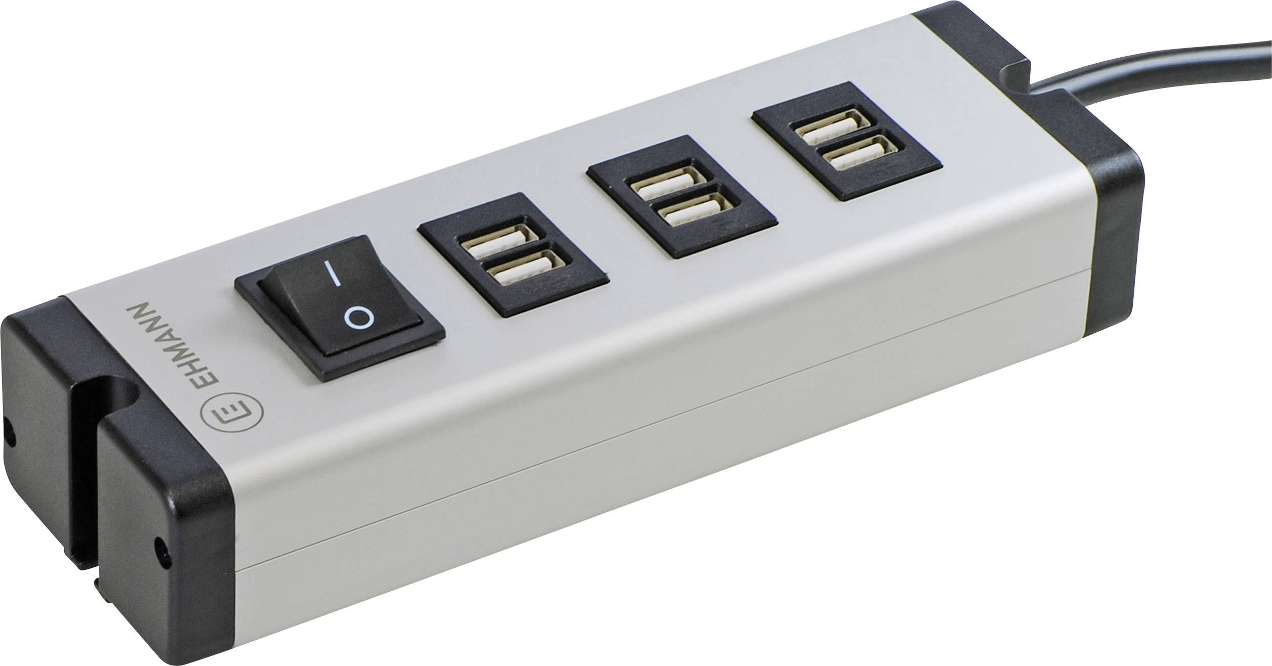Hliníková zásuvková lišta s tromi USB portami a vypínačom, vhodná pre kancelárske alebo domáce použitie.