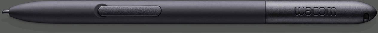 Digitálne pero v čiernej farbe s tlačidlom, uložené do strany. Označené logom 'Wacom'. Vhodné pre grafické tablety.