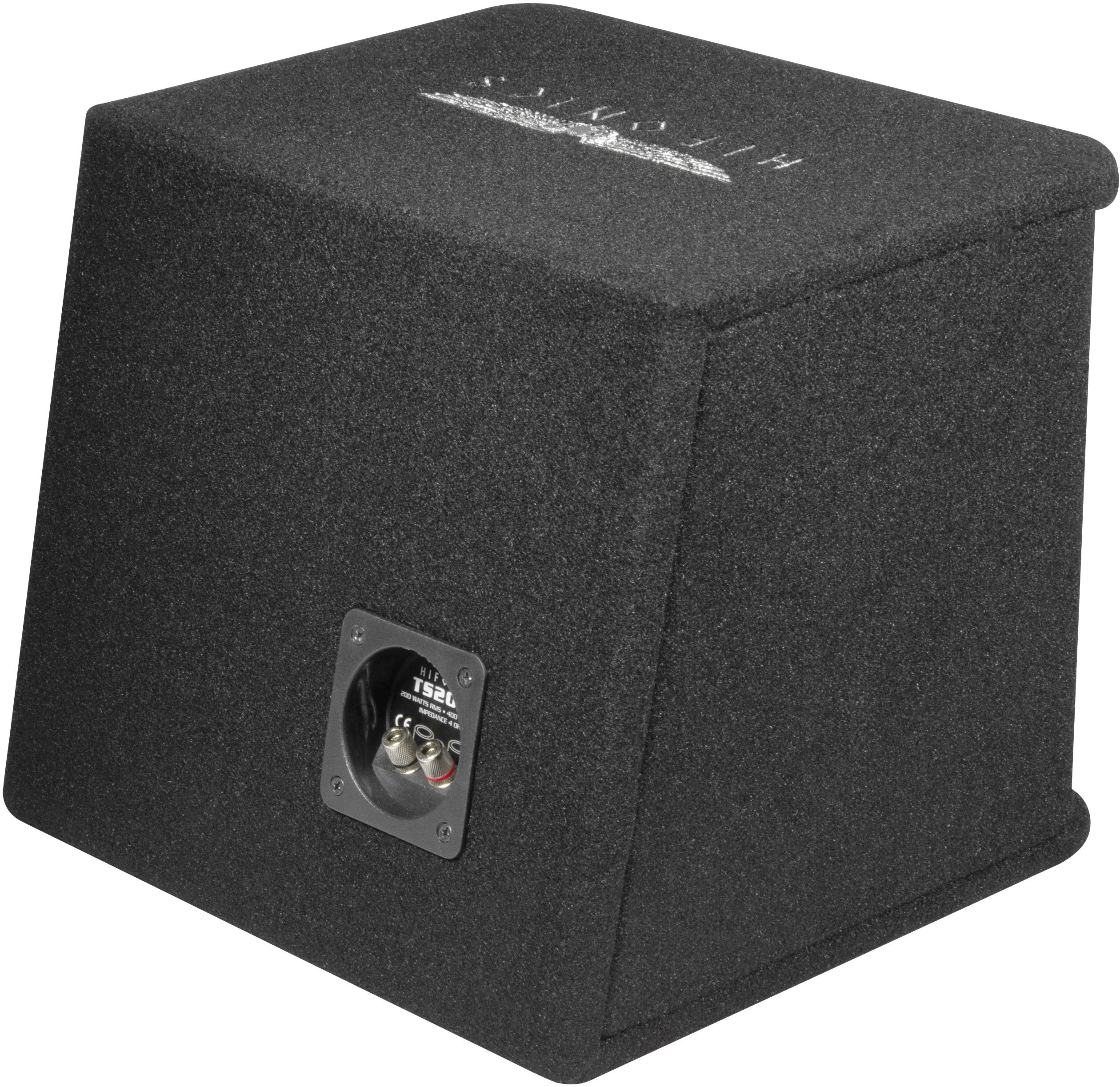 Čierny reproduktorový subwoofer v štvorcovom tvare, na jednej strane s pripojovacím poľom.