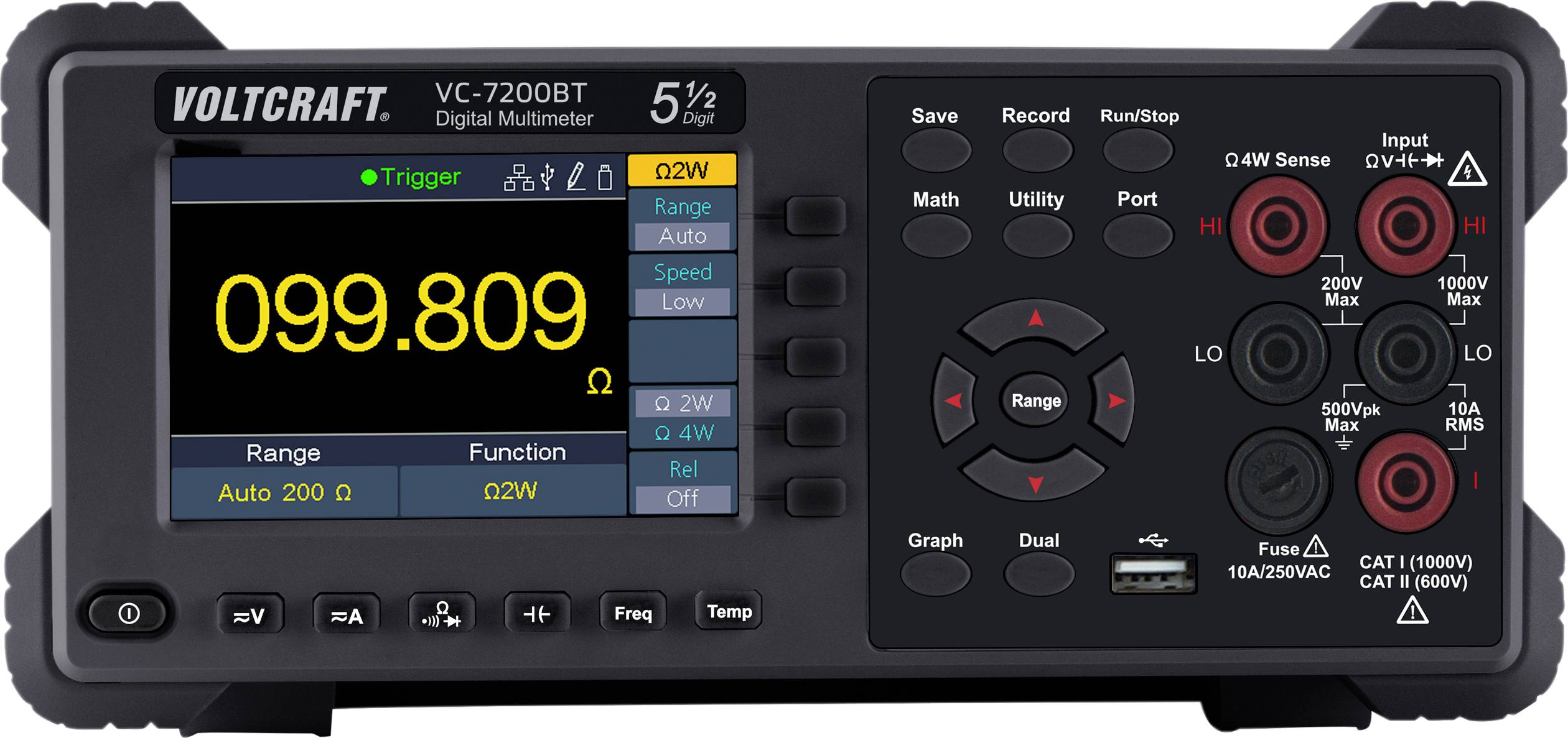 Digitálny multimeter s veľkým displejom zobrazuje hodnotu '099.809'. Vpravo sa nachádzajú ovládacie prvky a konektory.