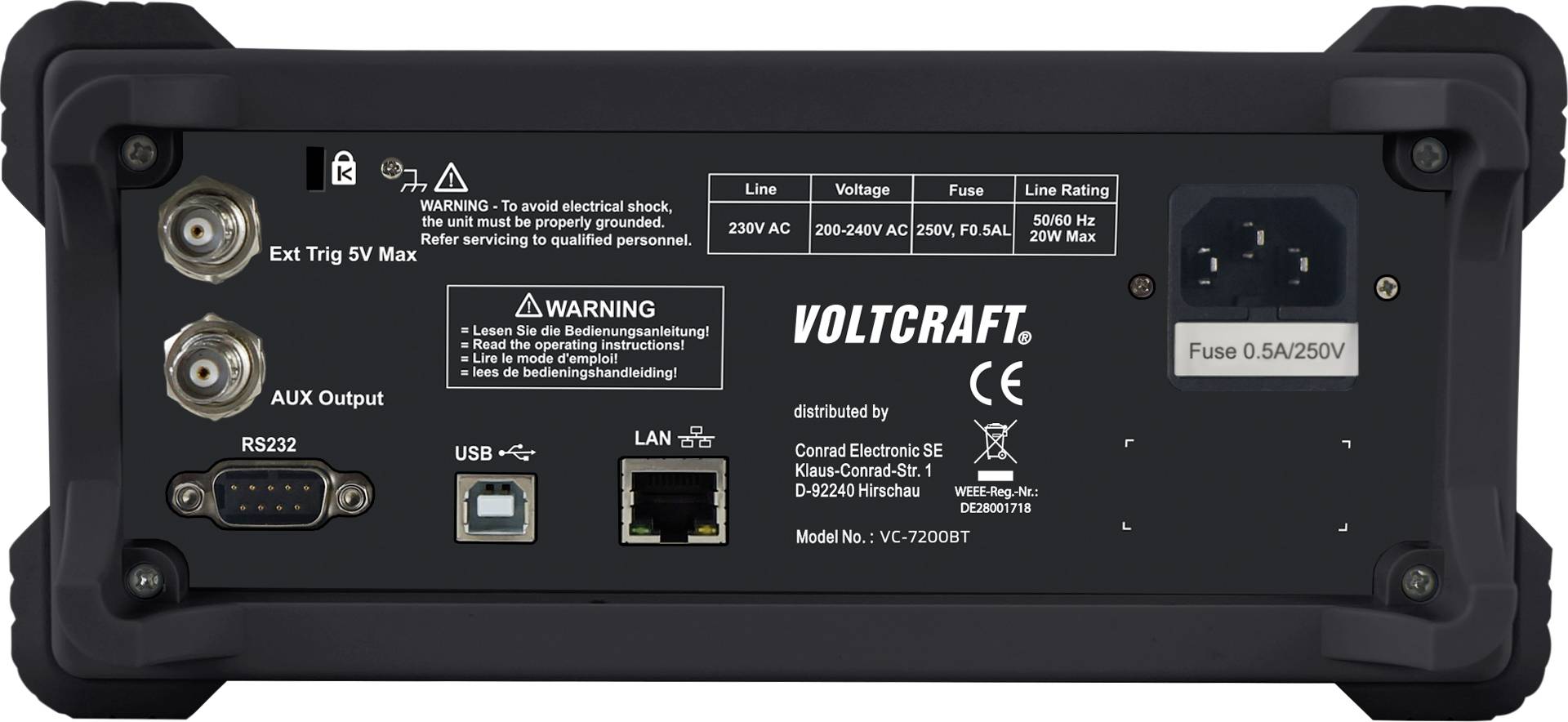 Zadná strana zariadenia Voltcraft. Zobrazuje konektory pre RS232, USB, LAN, Ext Trig 5V, AUX, ako aj napájacie pripojenie a poistku. Hore sú výstražné upozornenia.