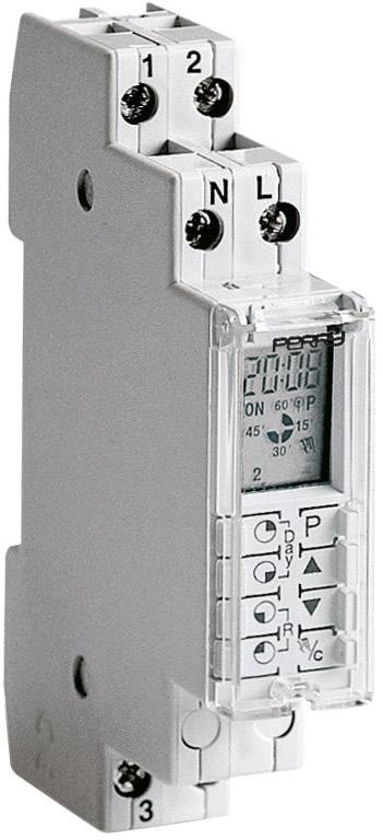 Elektrické časové relé s označeniami '1', 'N', 'L'. Má tlačidlá na nastavenie času a prevádzkových režimov.