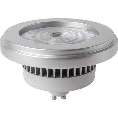 Strieborná LED lampa s chladičmi, viditeľná z bočnej strany. Má pätica GU10 a je vhodná do obytných priestorov alebo kancelárií.