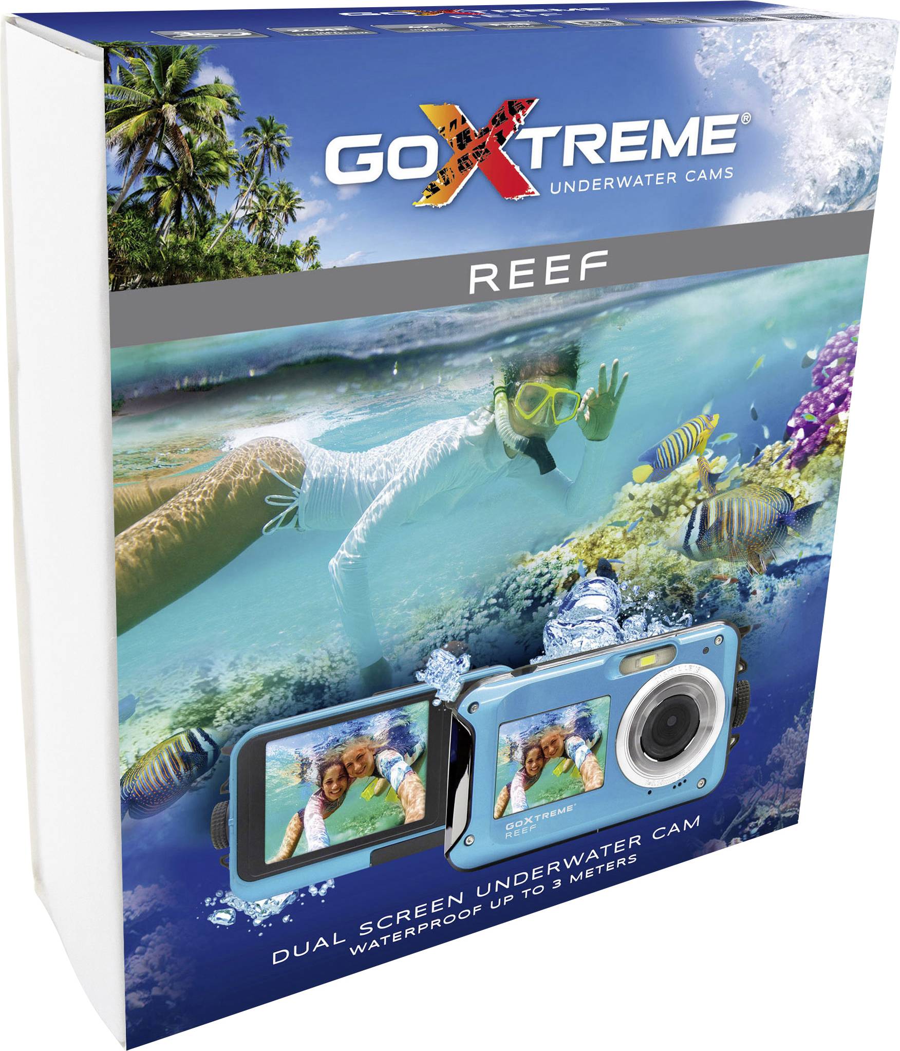Balenie pre 'GoXtreme Reef', podvodnú kameru s duálnym displejom. Zobrazuje potápača a ryby vo vode. Vodotesná do hĺbky 3 metrov.