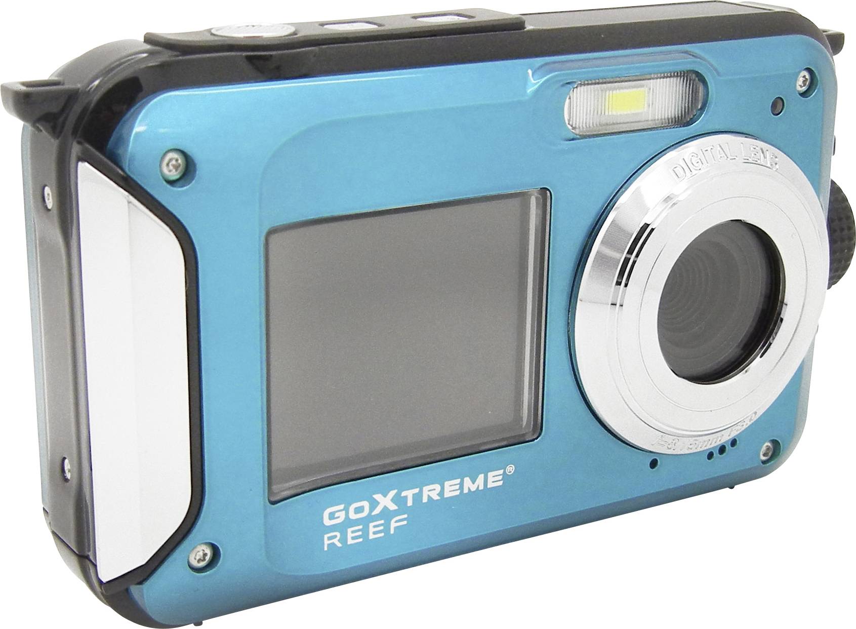 Modrá a strieborná digitálna kamera s nápisom 'GoXtreme Reef'. Kamera má displej, objektív a blesk.