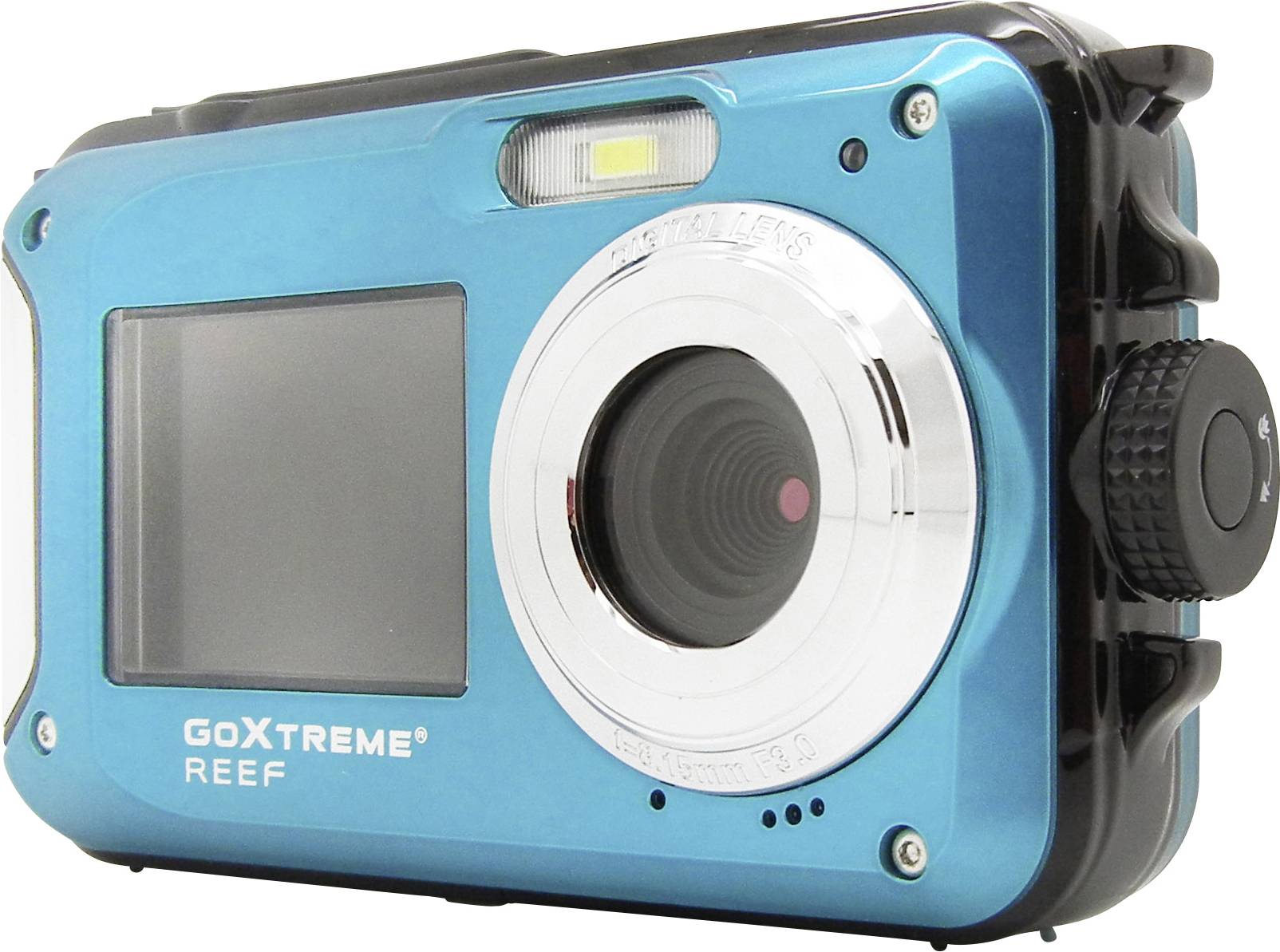 Digitálny fotoaparát v sýto modrej farbe s potlačou GoXtreme Reef, s veľkým objektívom a displejom. Navrhnutý pre outdoorové aktivity.