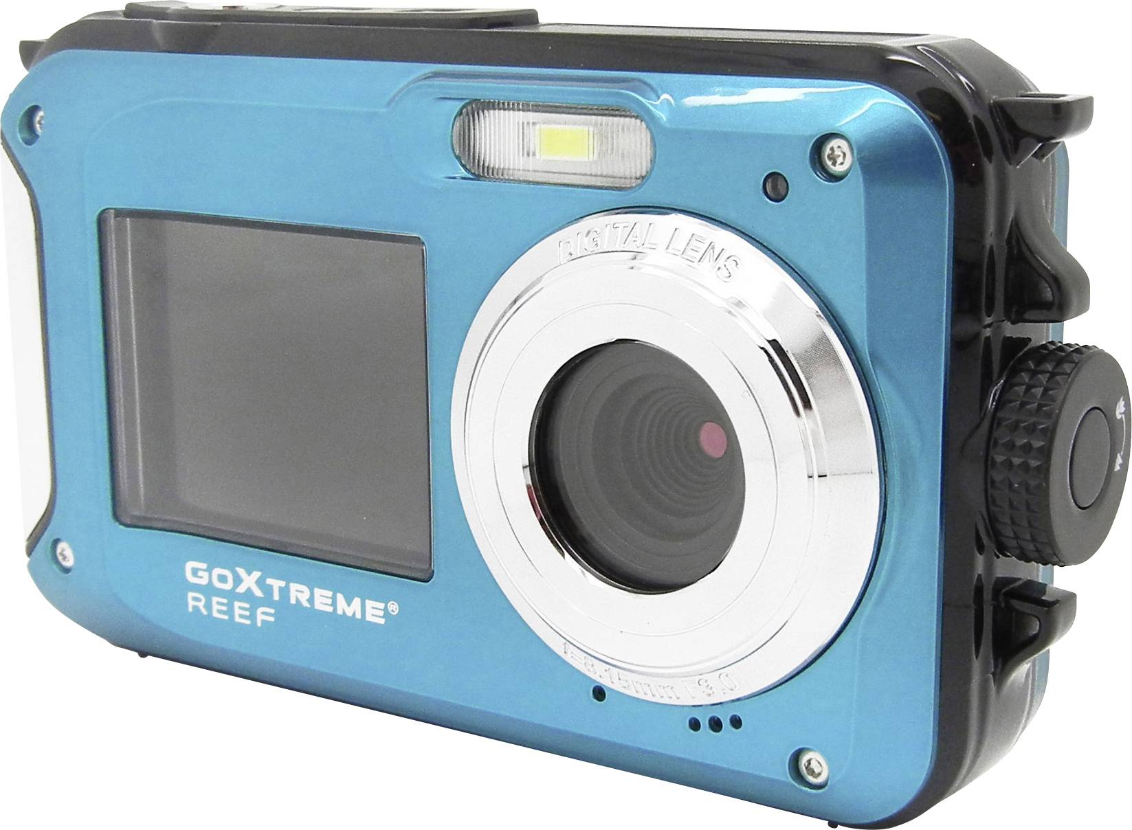 Vodotesný modrý digitálny fotoaparát s veľkým objektívom, LCD displejom a odolným krytom, vhodný pre podvodné fotografovanie.
