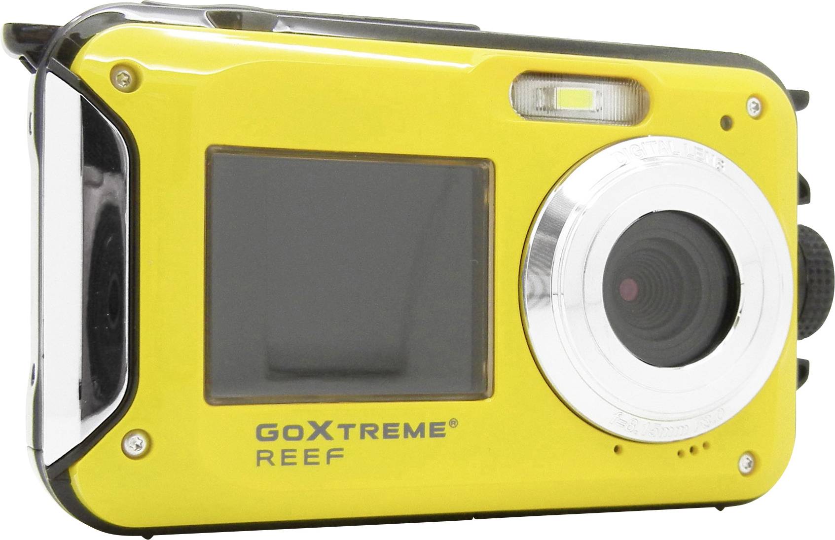 Žltý vodotesný digitálny fotoaparát s objektívom na pravej strane a plochou displeja na ľavej strane. Model: GoXtreme Reef.