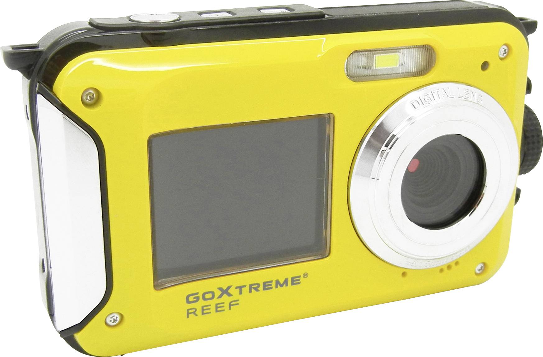 Žltý kompaktný fotoaparát so strieborným objektívom a nápisom 'GoXtreme Reef'. Vhodný pre outdoorovú a podvodnú fotografiu.