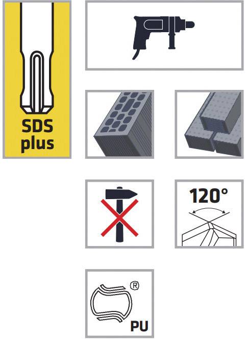 Vŕtačka SDS plus, príklepová vŕtačka, tehly, betónové deliace tvárnice, bez použitia kladiva, uhol vŕtania 120 stupňov, označenie materiálu PU.
