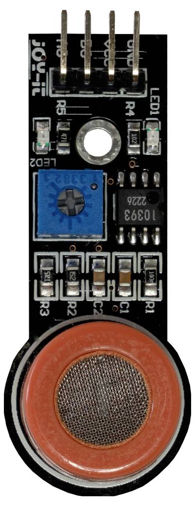 Modrá doska plošných spojov s nápisom 'MQ Sensor' zobrazuje elektronické komponenty a pripájacie piny, pravdepodobne určené pre použitie v detektore plynov.