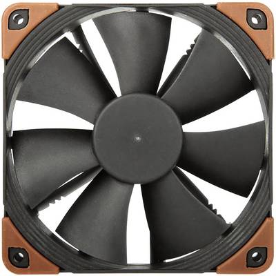 Čierny počítačový ventilátor v štvorcovom ráme, osem rotorových listov, hnedé antivibračné rohy.
