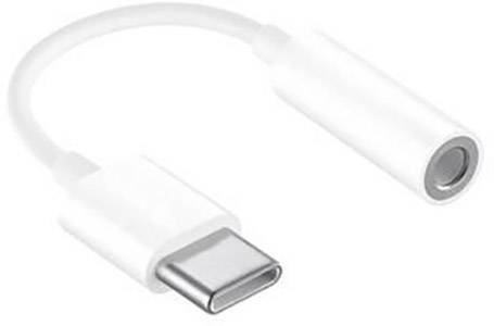 Biely adaptér s USB-C konektorom na jednej strane a 3,5 mm audio jackom na strane druhej.