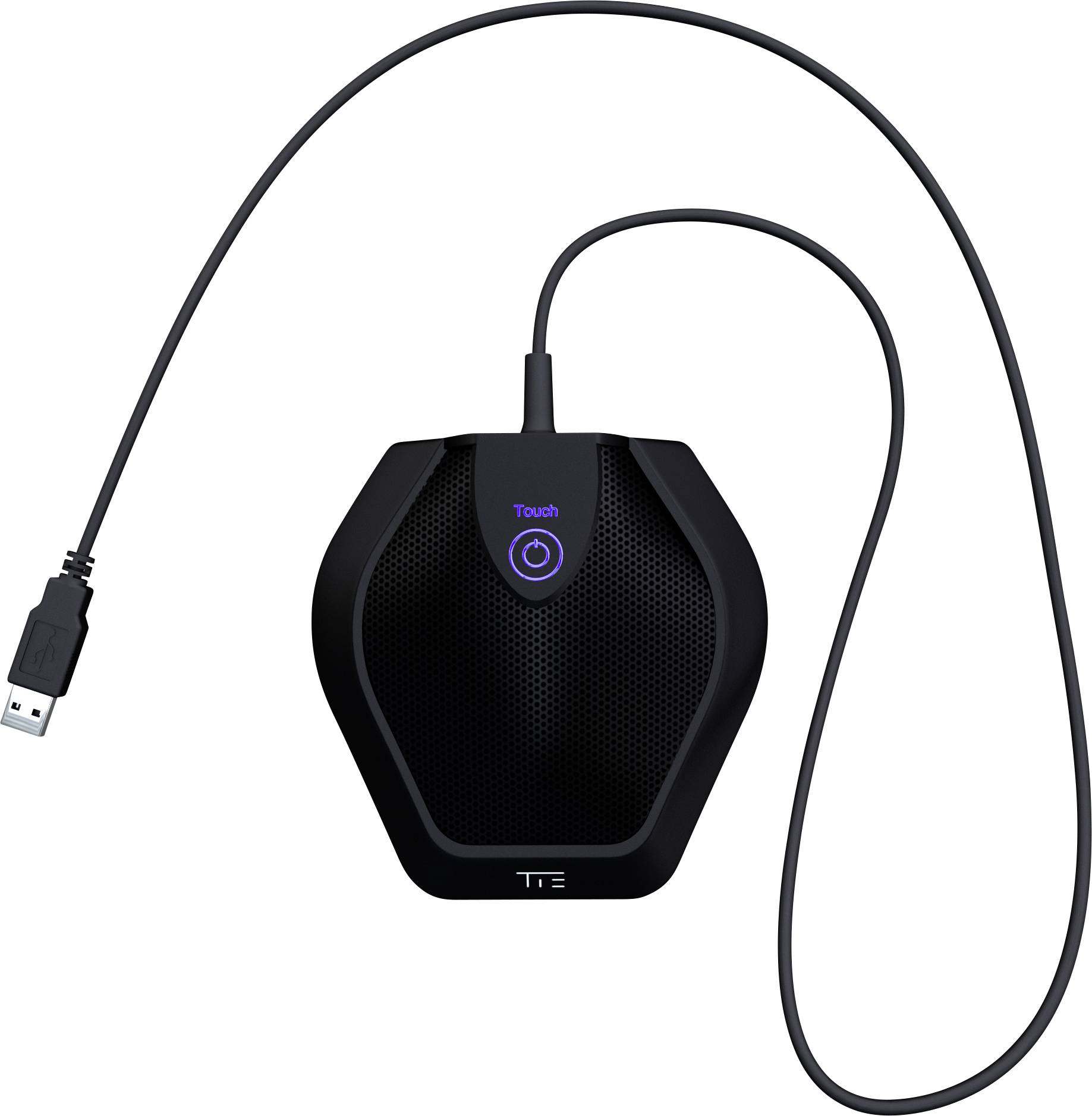 Čierne USB mikrofón s dotykovou tlačidlom uprostred, dlhý kábel. Ideálny pre konferencie a hlasové nahrávky.