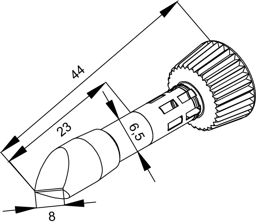 Technický výkres svorníka s rozmermi: dĺžka 44 mm, priemer 6,5 mm a skosený úsek 8 mm, s podrobným pohľadom.