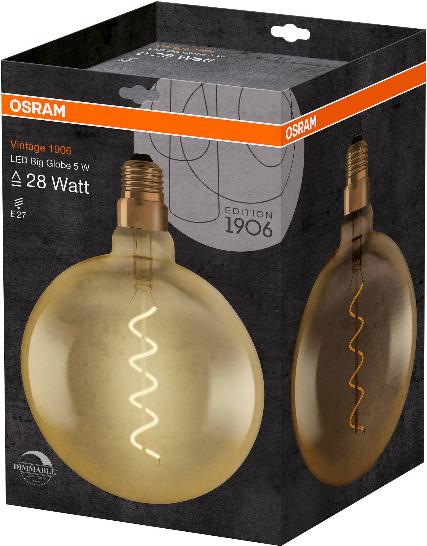 Balenie OSRAM Vintage 1906 LED žiarovky zobrazuje veľkú, jantárovohnedú guľovitú žiarovku s výkonom 5 wattov a päticou E27.