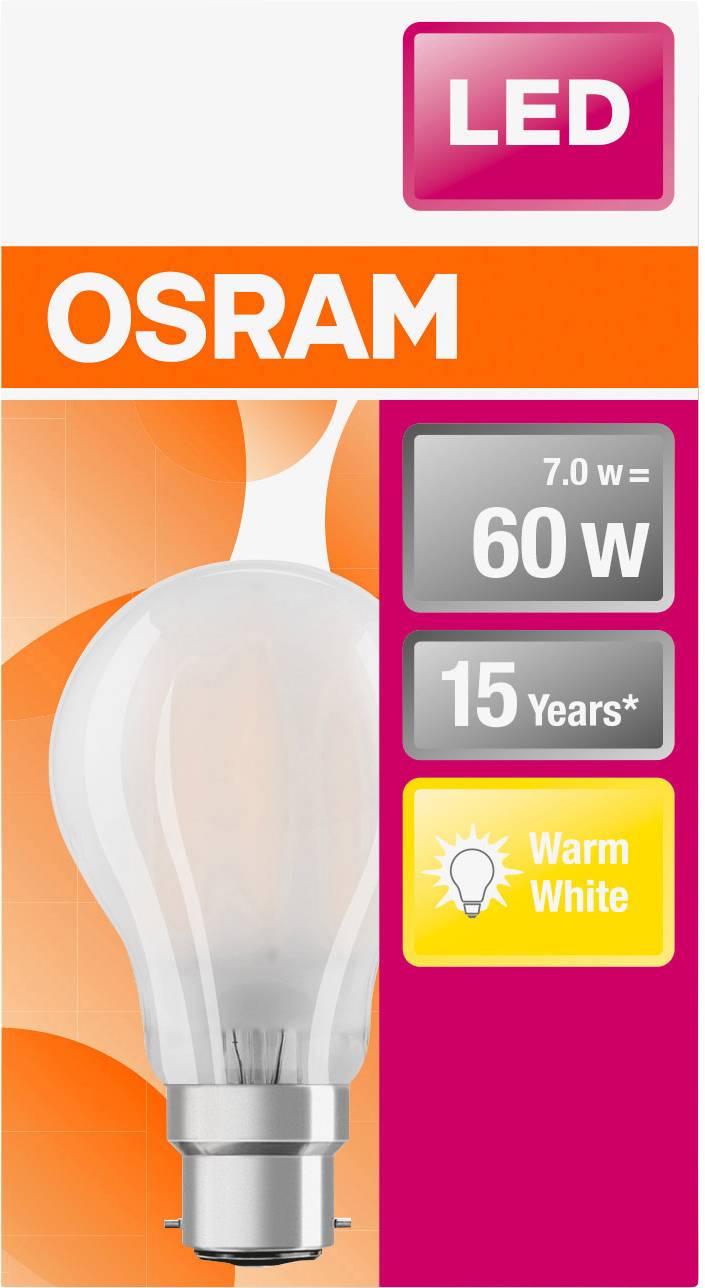 Osram LED žiarovka s výkonom 7.0 W zodpovedá 60 W. Životnosť 15 rokov. Farba svetla: Teplá biela.