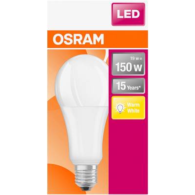 LED žiarovka značky Osram, 150 W, spotreba energie 19 W, životnosť 15 rokov, teplé biele svetlo. Balenie v oranžovej a bielej farbe.