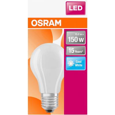 Balenie so svetelnou LED lampou od Osramu, nahrádza 150 W, životnosť 15 rokov, farebná teplota 'Studená biela'.