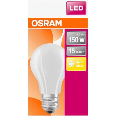 LED žiarovka od OSRAM, 15 wattov, životnosť 15 rokov, teplé biele svetlo. Balenie je oranžové a biele s logom značky.