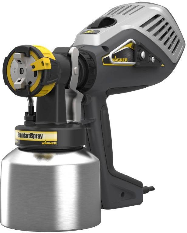 Striekacia pištoľ na náter s ergonomickou rukoväťou a kovovým kontajnerom, označená ako 'StandardSpray'. Vhodná pre rôzne maliarske projekty.