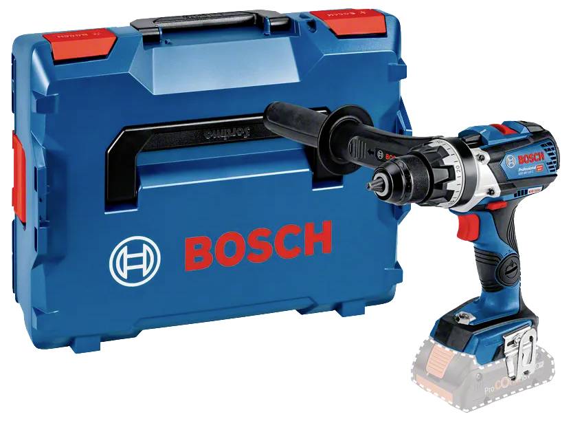 Modrá bezšnúrová vŕtačka Bosch s ergonomickou rukoväťou je umiestnená vedľa zodpovedajúceho modrého prepravného kufríka Bosch.